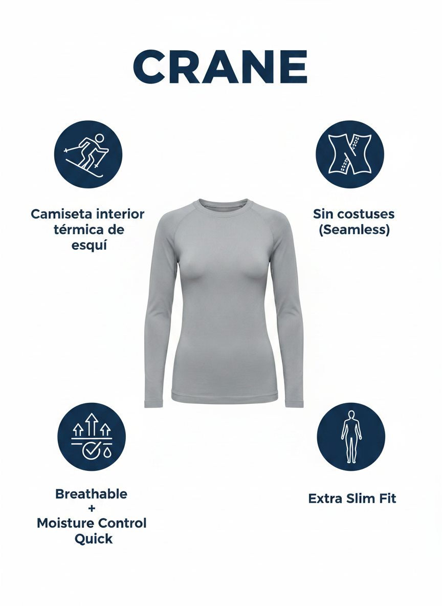 Camiseta Interior Térmica Esquí Crane Seamless Mujer Gris — Tallas M/L Extra Slim Fit
