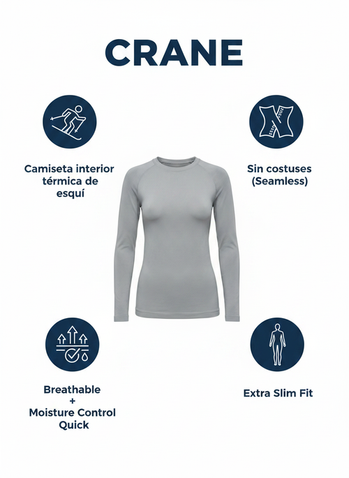Camiseta Interior Térmica Esquí Crane Seamless Mujer Gris — Tallas M/L Extra Slim Fit