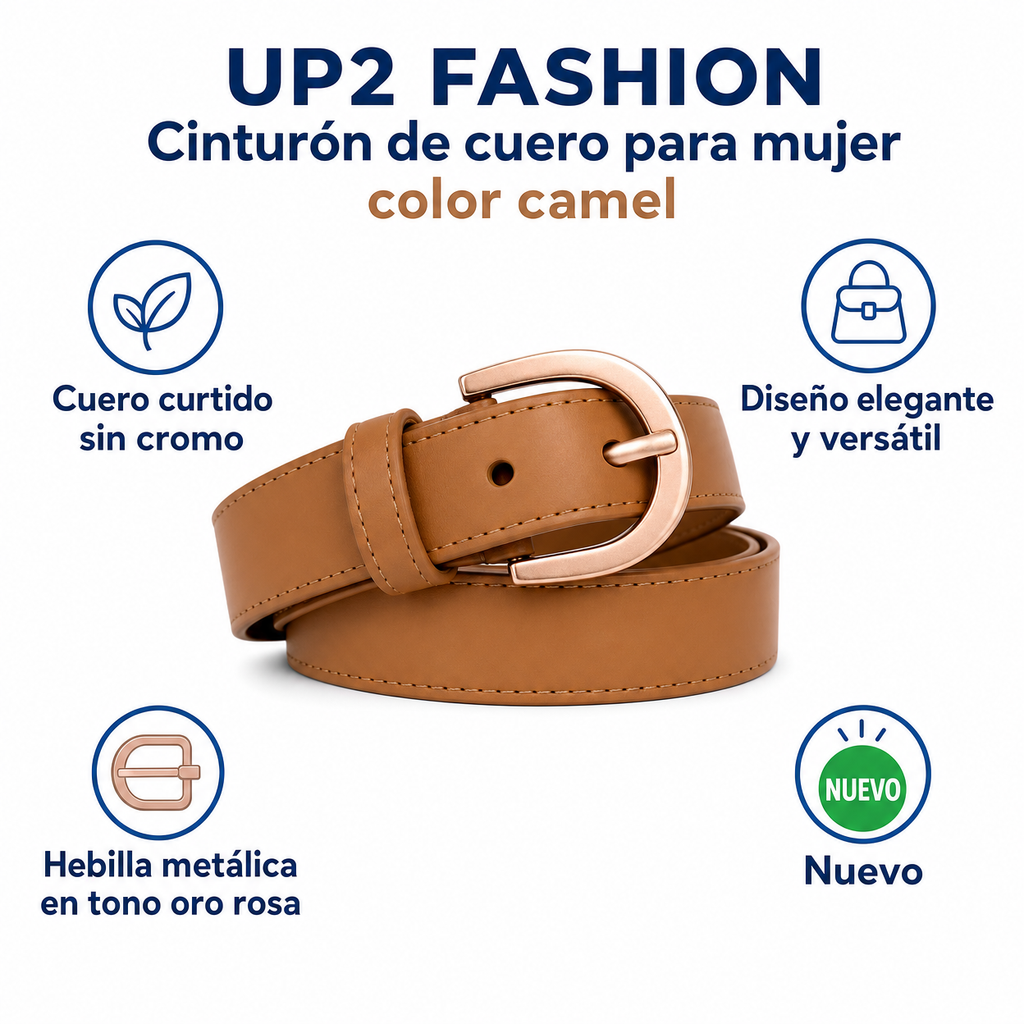 UP2 FASHION Cinturón de cuero para mujer color camel