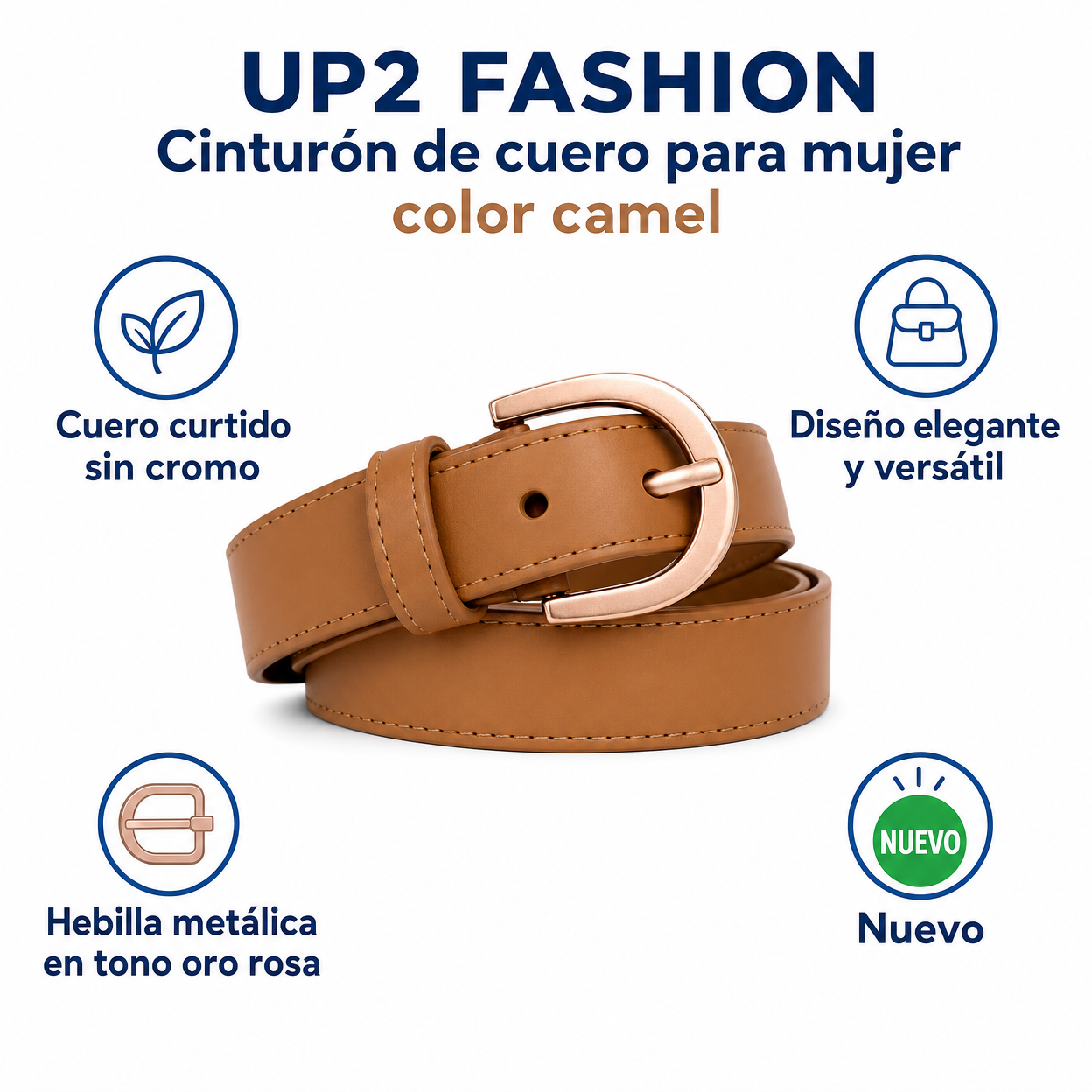 UP2 FASHION Cinturón de cuero para mujer color camel