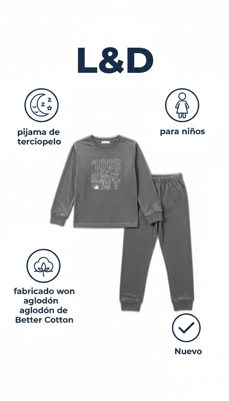 L&D Pijama de terciopelo para niños gris