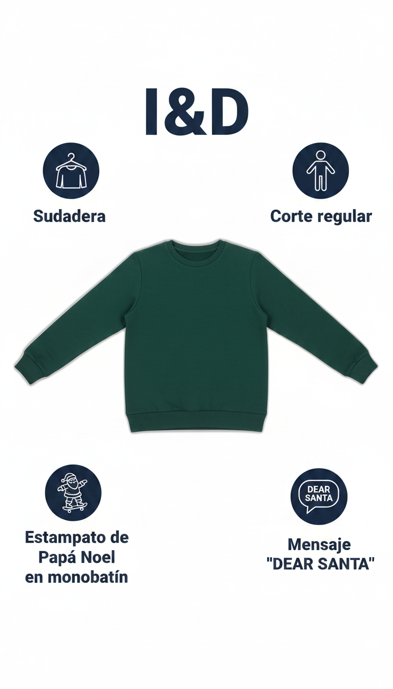 I&D Sudadera infantil verde oscuro con estampado de Papá Noel