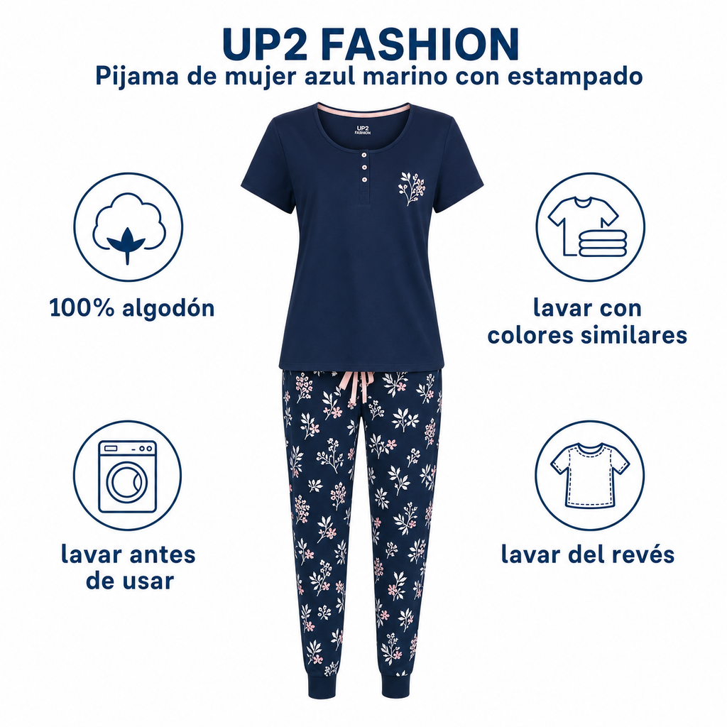 UP2 Fashion Pijama de mujer azul marino con estampado