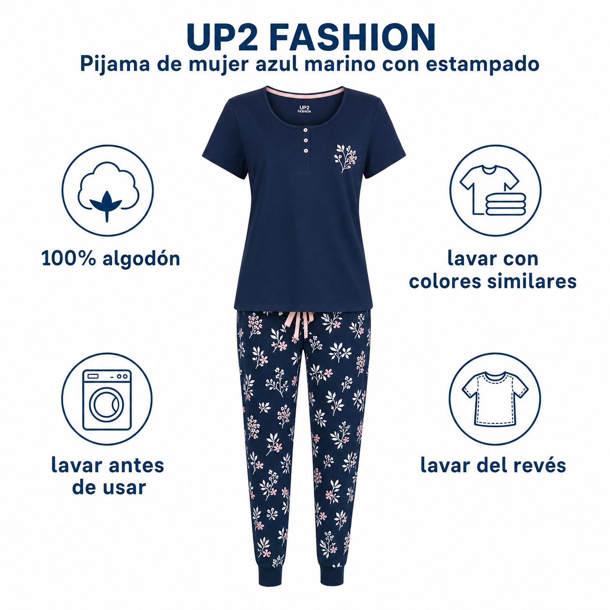 UP2 Fashion Pijama de mujer azul marino con estampado