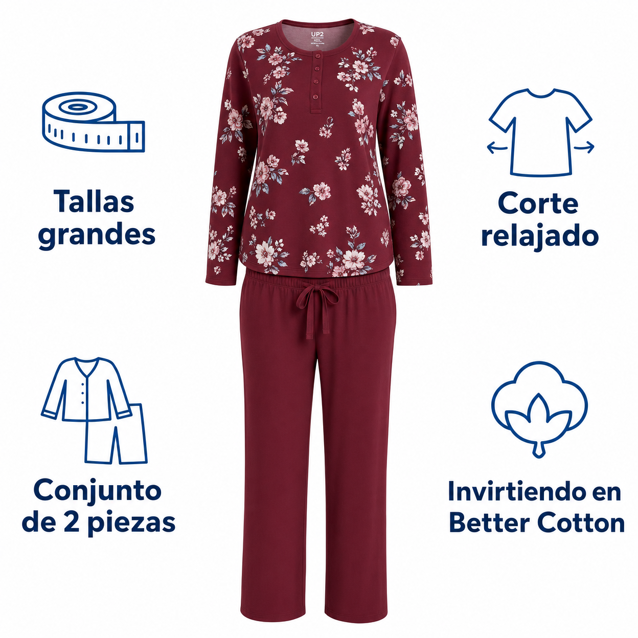 UP2 Fashion Pijama de mujer burdeos con estampado floral