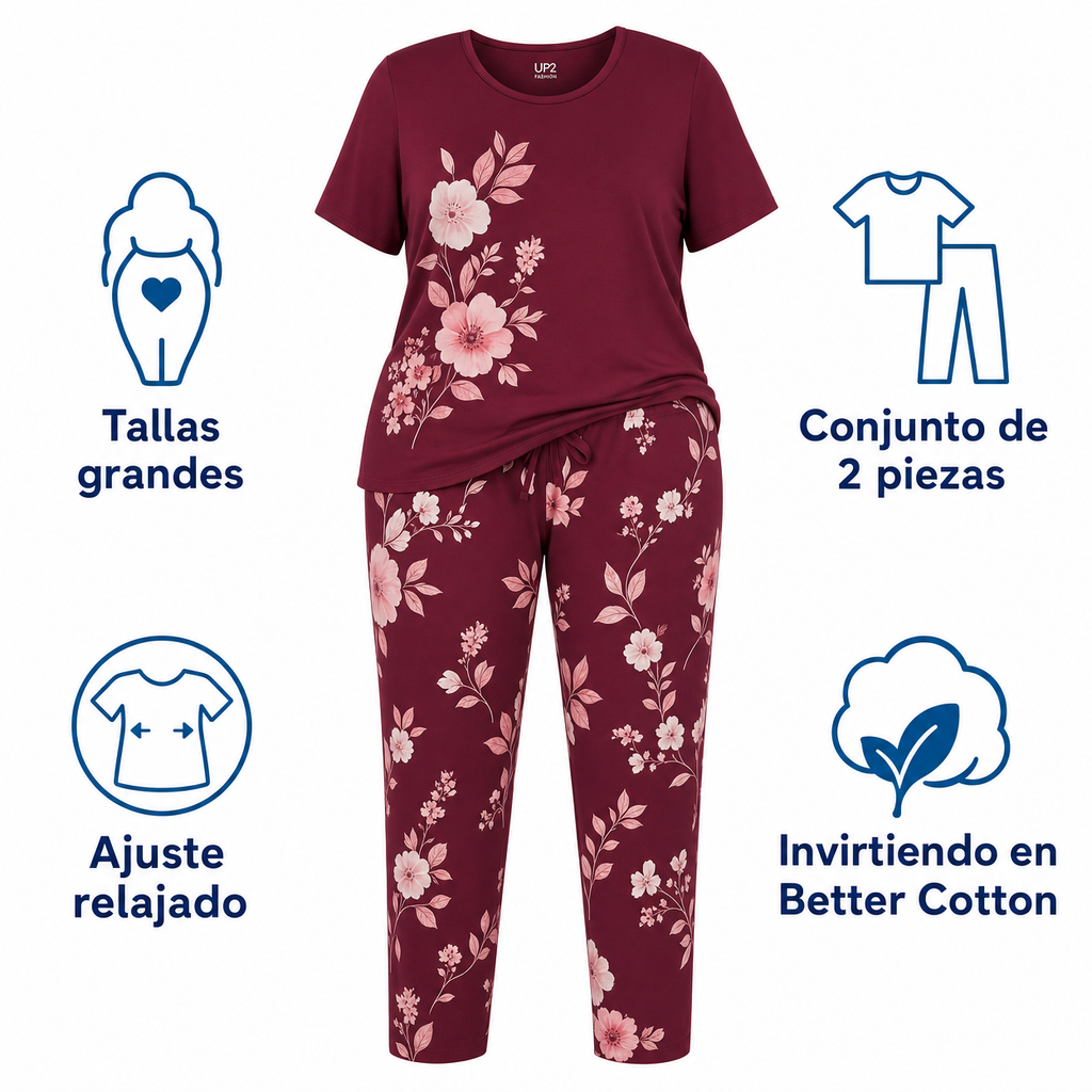 UP2 FASHION Pijama de mujer Plus Size burdeos con estampado floral