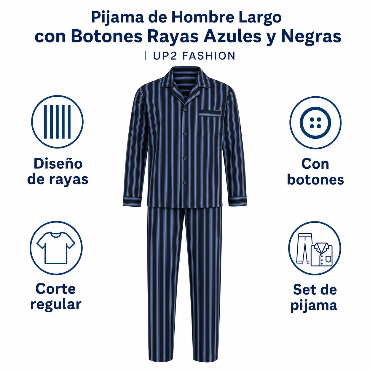 Pijama de Hombre Largo con Botones Rayas Azules y Negras | UP2 FASHION