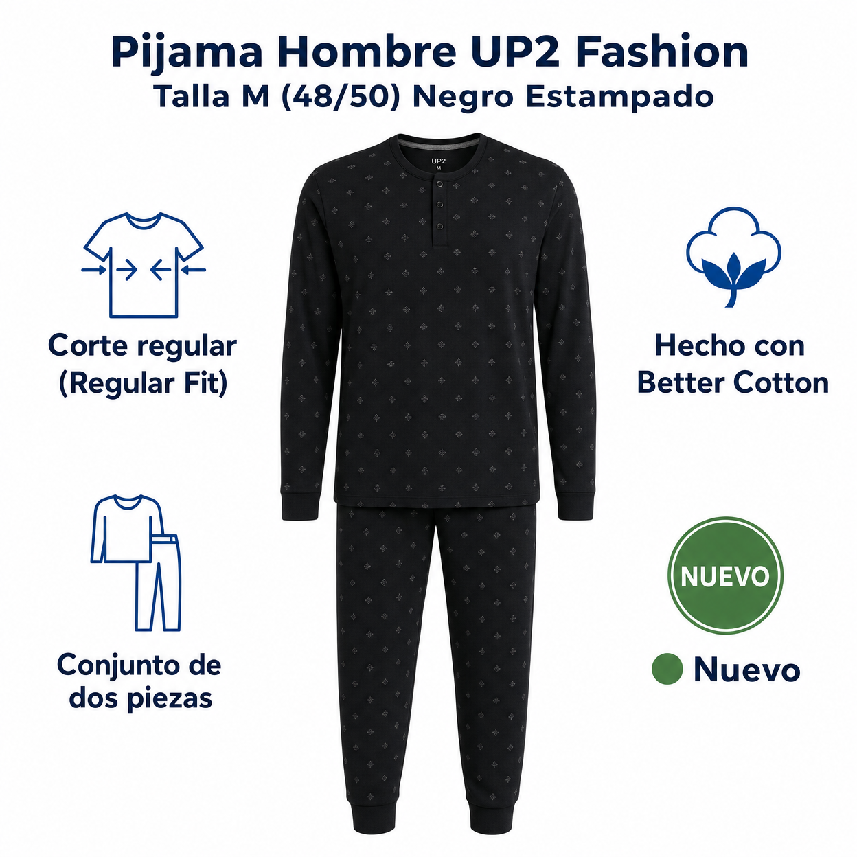 Pijama Hombre UP2 Fashion Talla M (48/50) Negro Estampado