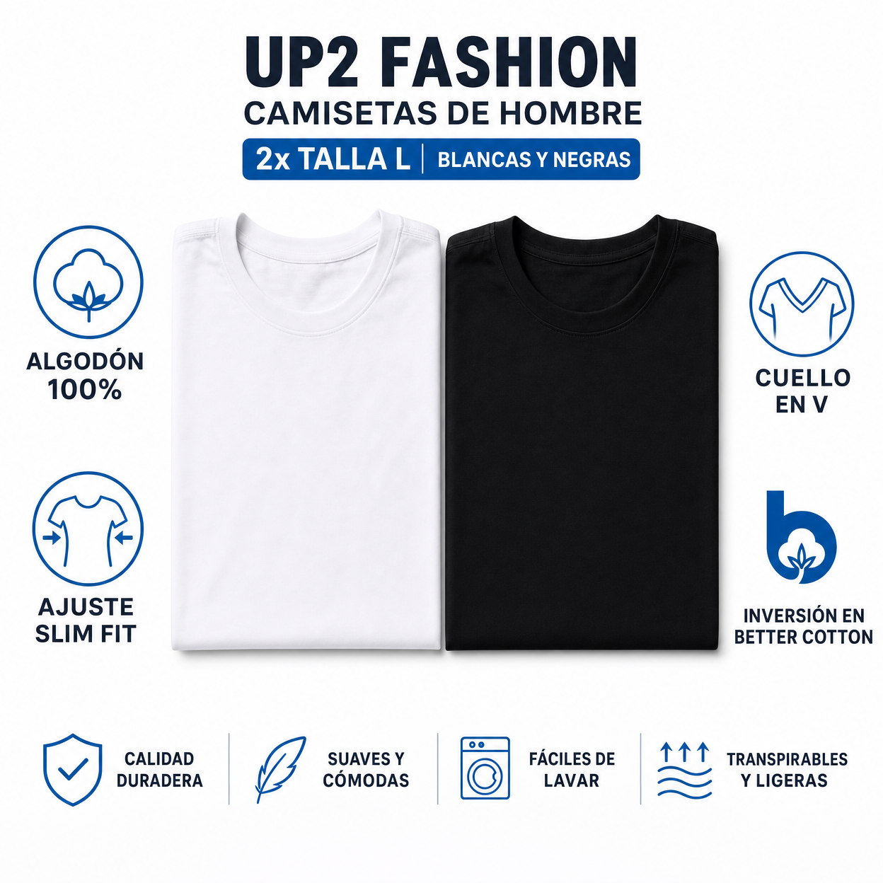 UP2 Fashion Camisetas de Hombre 2x Talla L Blancas y Negras