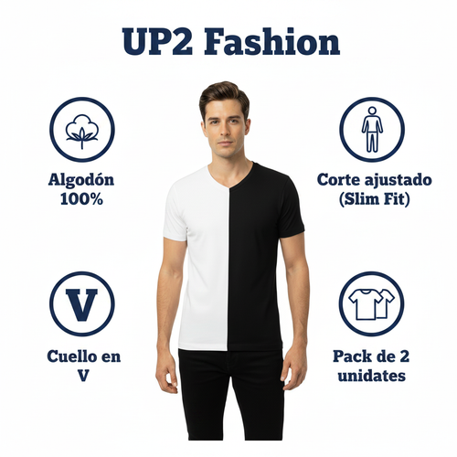 Camiseta de Hombre UP2 Fashion Pack 2x Slim Fit Talla L Blanco y Negro