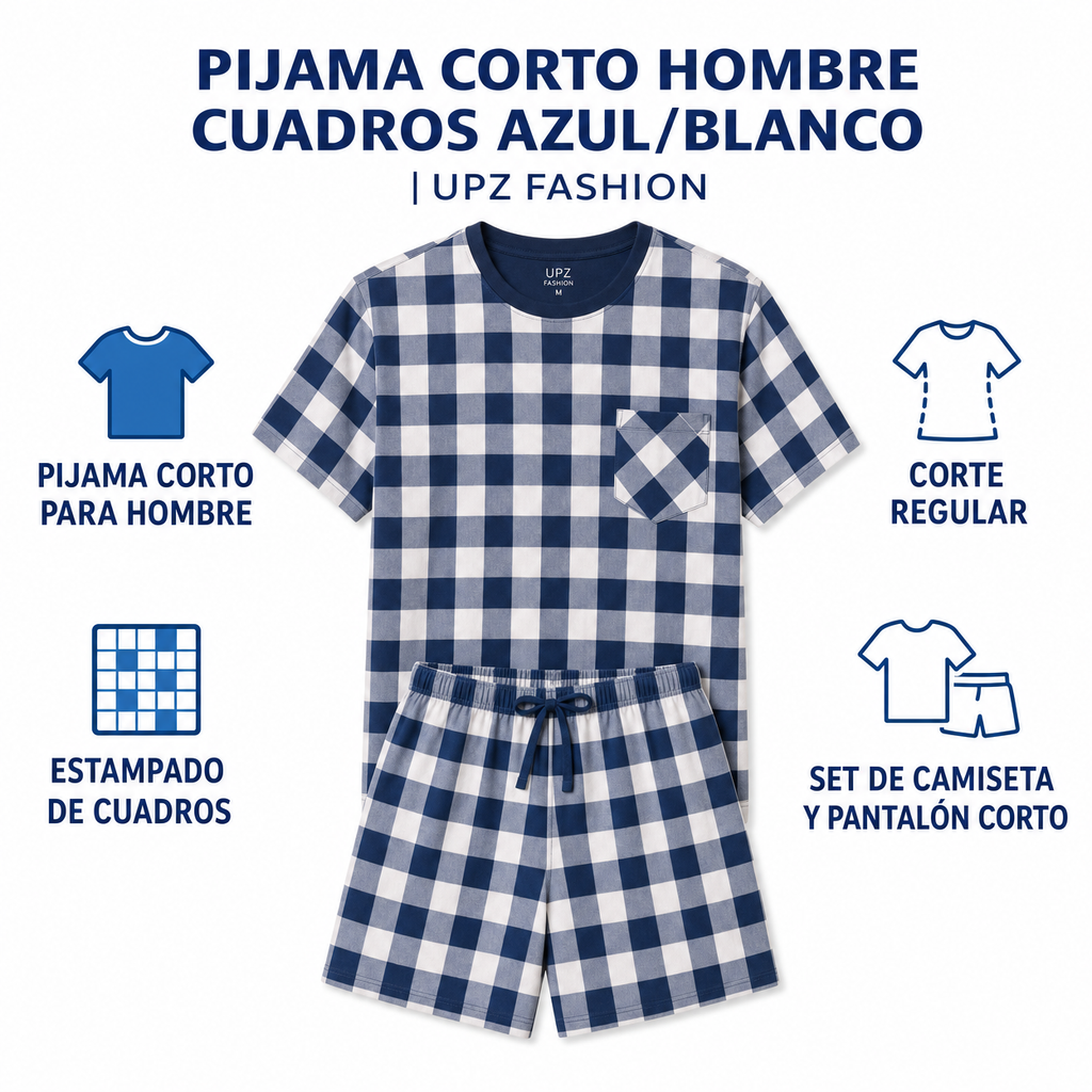 Pijama Corto Hombre Cuadros Azul/Blanco | UPZ FASHION