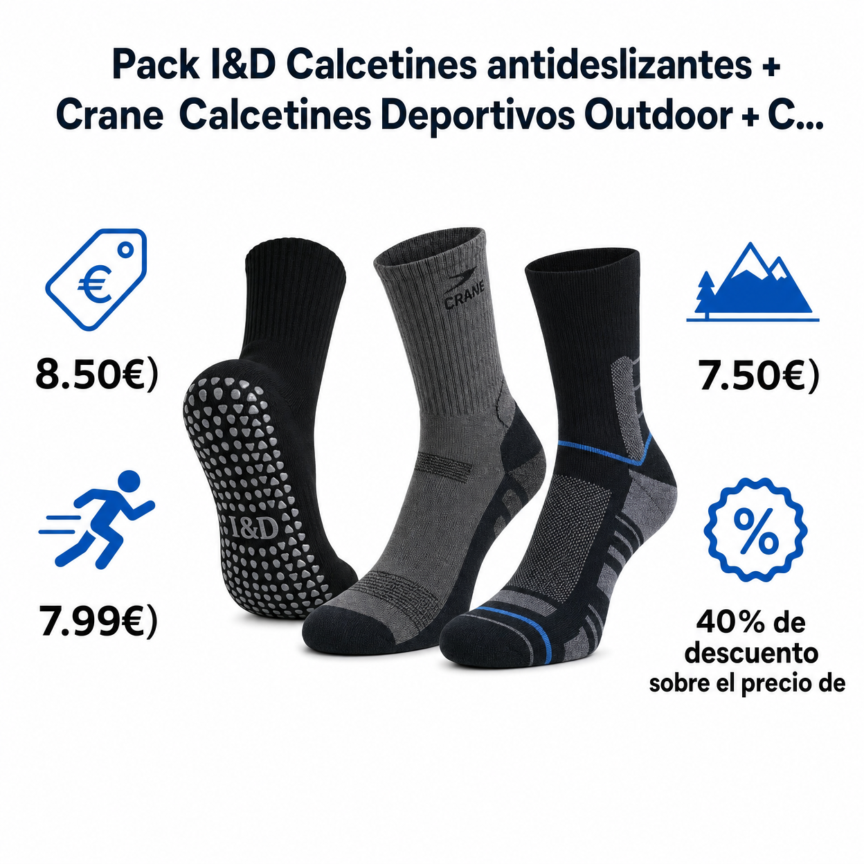 Pack I&D Calcetines antideslizantes + Crane Calcetines Deportivos Outdoor + C...