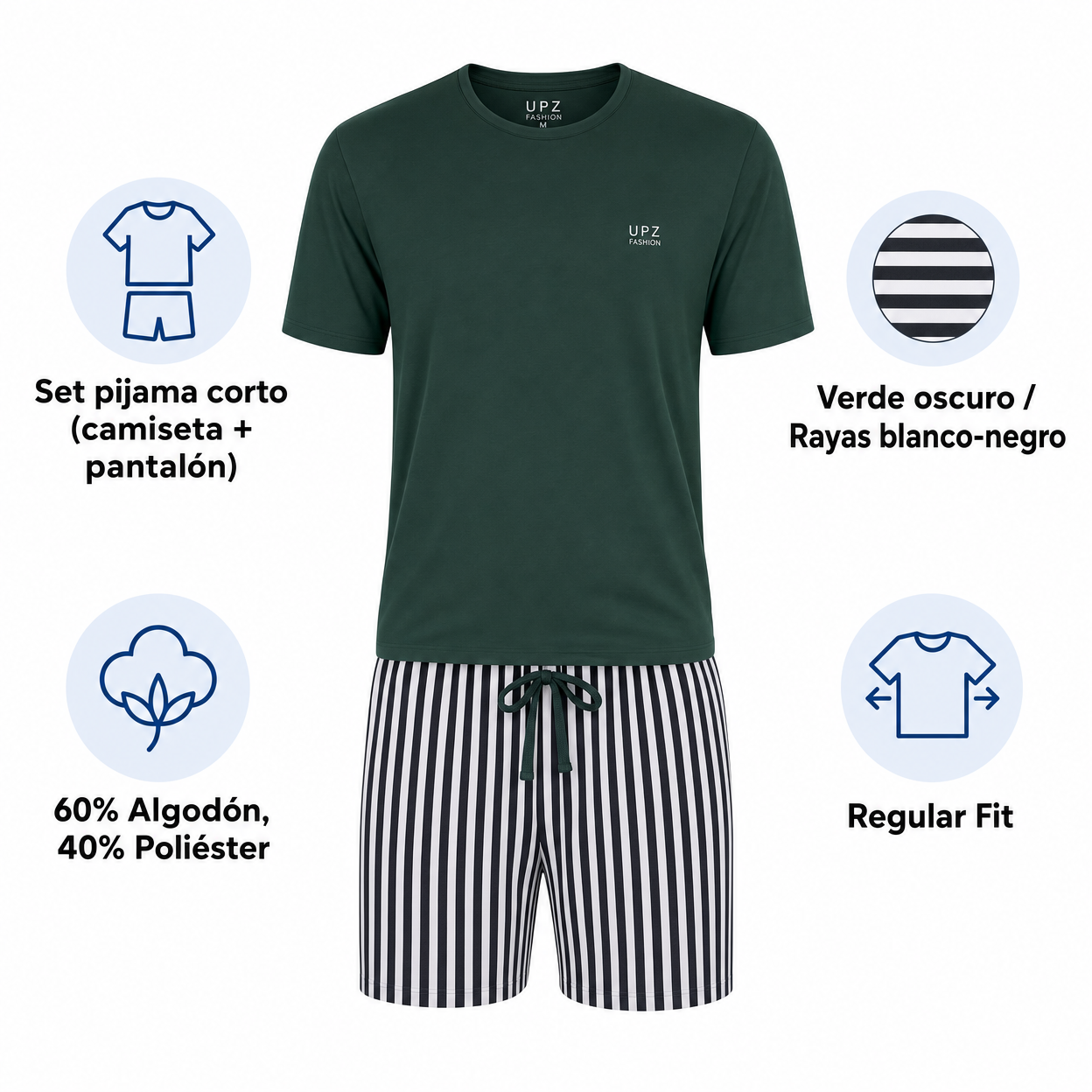 Pijama Corto Hombre UPZ Fashion Verde Oscuro/Rayas Talla M/L/XXL