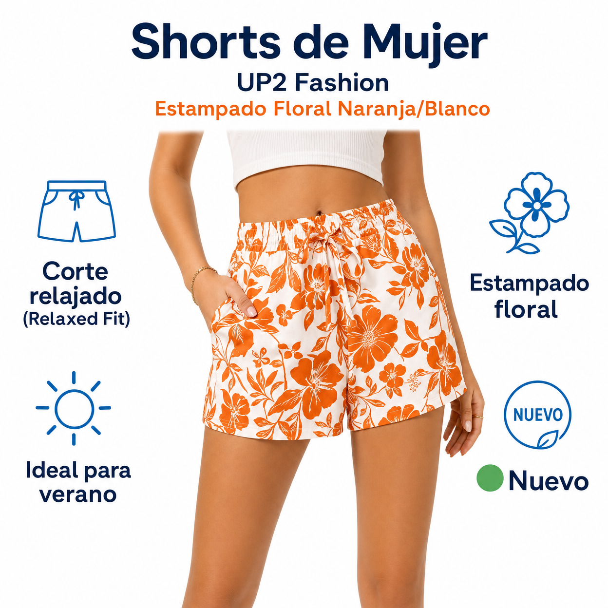 Shorts de Mujer UP2 Fashion Estampado Floral Naranja/Blanco