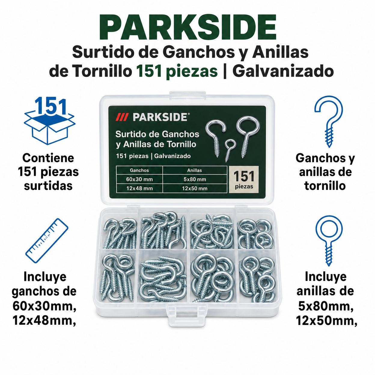 PARKSIDE Surtido de Ganchos y Anillas de Tornillo 151 piezas | Galvanizado