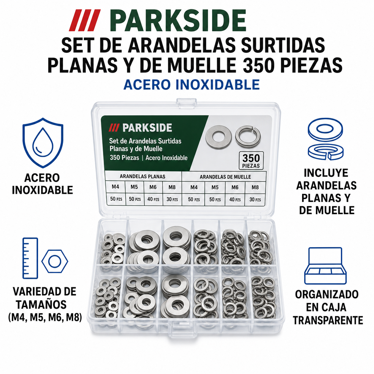 PARKSIDE Set de Arandelas Surtidas Planas y de Muelle 350 Piezas | Acero Inoxidable