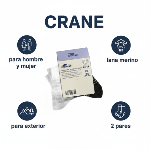 Calcetines de Lana Merino Outdoor CRANE 2 Pares Talla 43/46 Negro y Gris