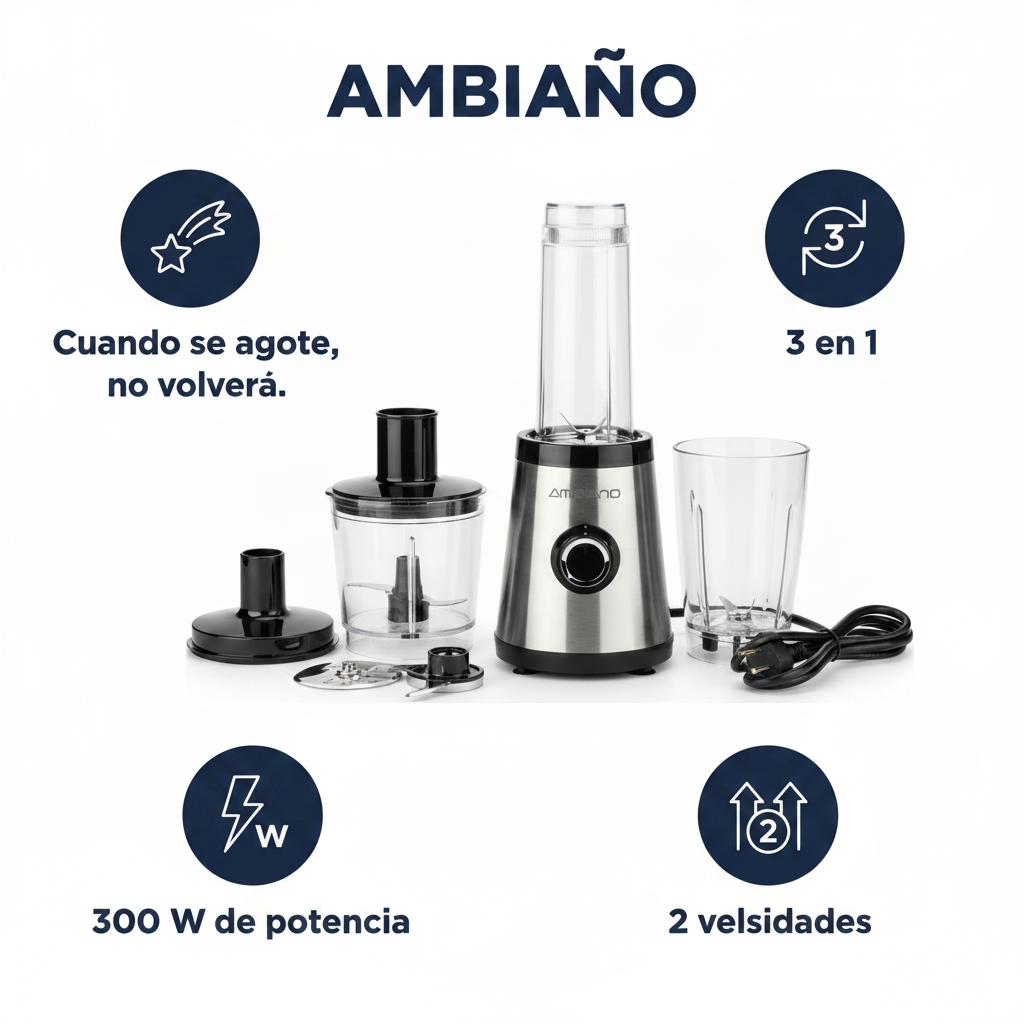 AMBIAÑO Mini Robot de Cocina 3 en 1, 300W, cable 80cm, plateado/negro