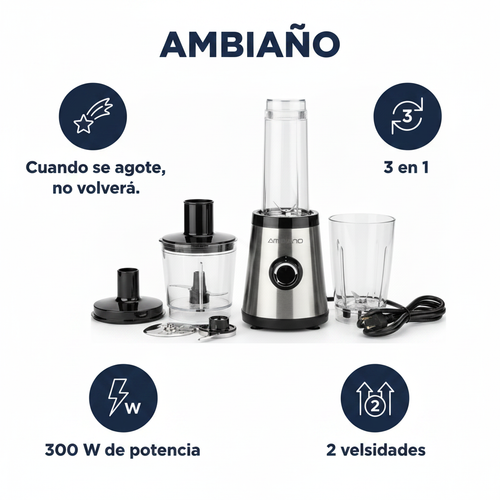 AMBIAÑO Mini Robot de Cocina 3 en 1, 300W, cable 80cm, plateado/negro