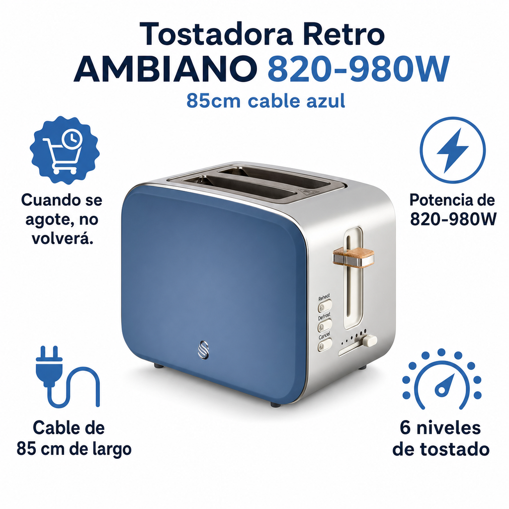 Tostadora Retro AMBIANO 820-980W 85cm cable azul