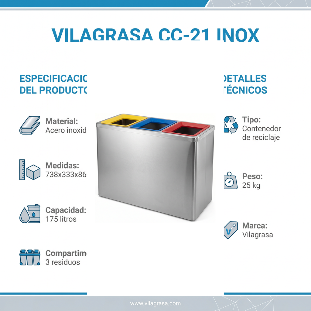 Papelera de Reciclaje Vilagrasa CC-21 — 21 Inox-Contenedor 3 Residuos De 738X333X860 Mm Cap.175