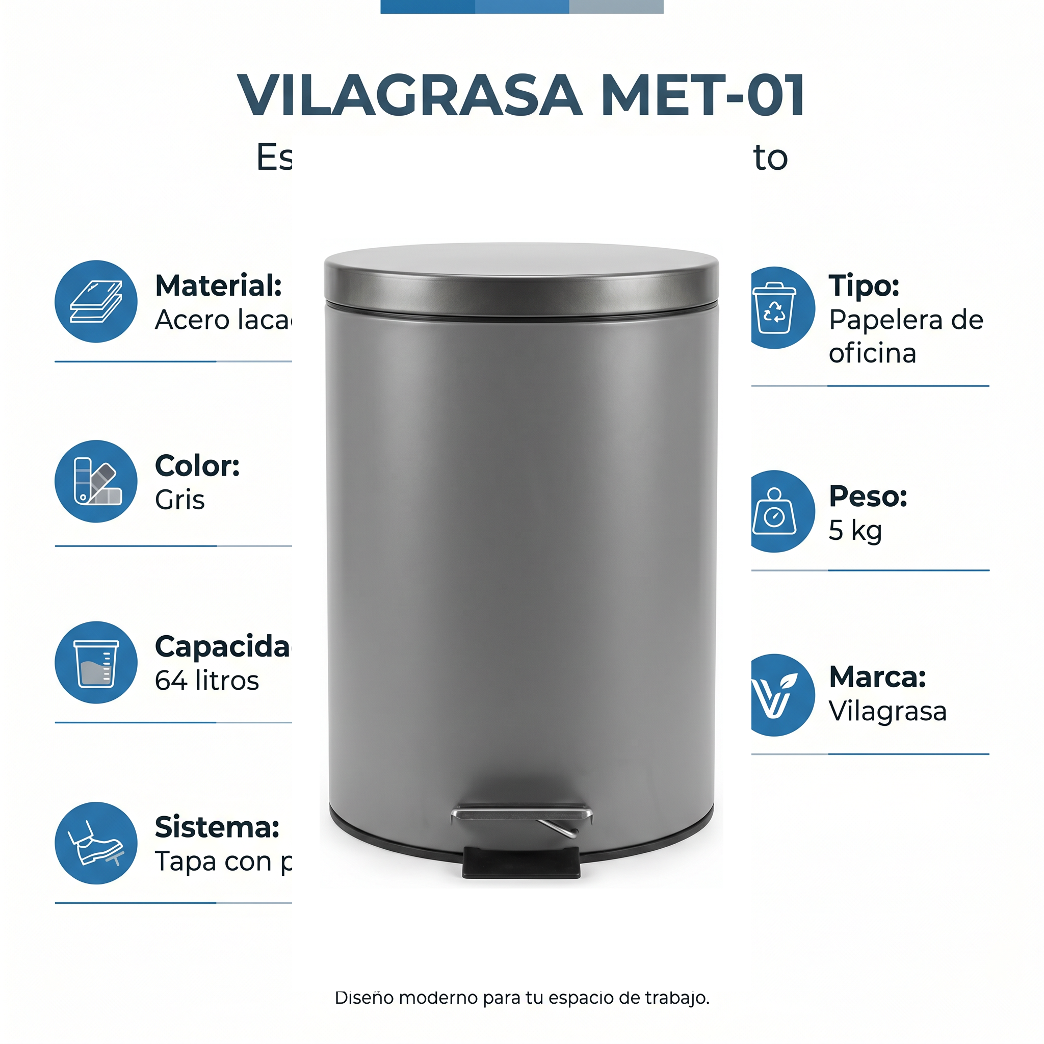 Papelera de Oficina Vilagrasa MET-01 — 01 Papelera De 64L. Con Tapa Y Pedal En Color Gris