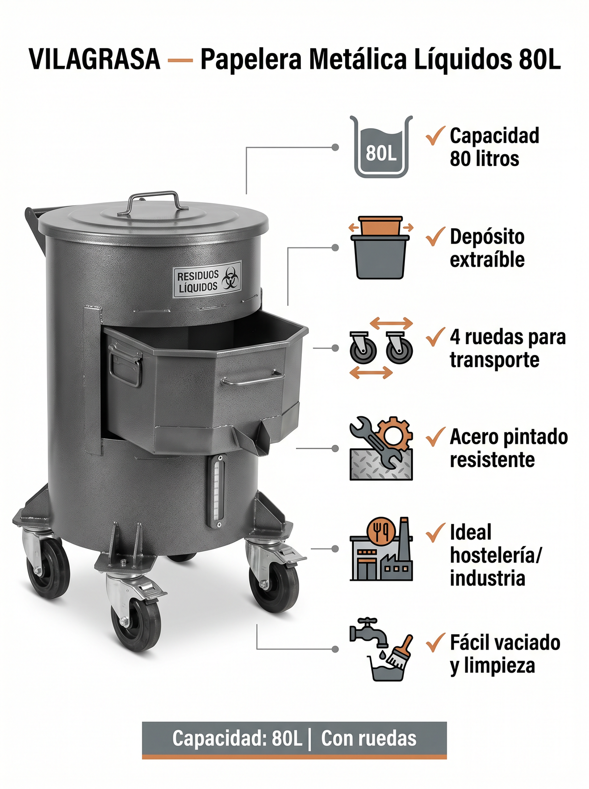 Papelera Metálica Vilagrasa — Líquidos 80L con Depósito Extraíble y Ruedas