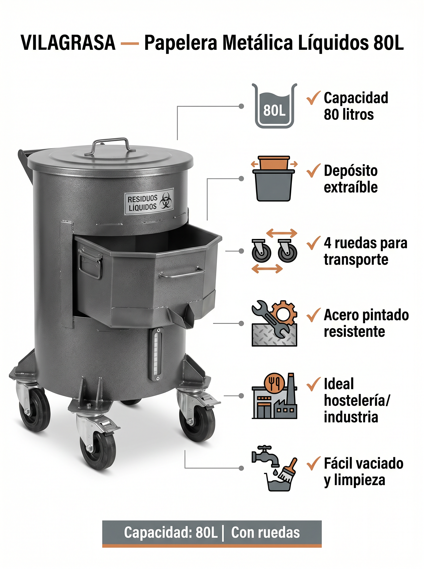 Papelera Metálica Vilagrasa — Líquidos 80L con Depósito Extraíble y Ruedas
