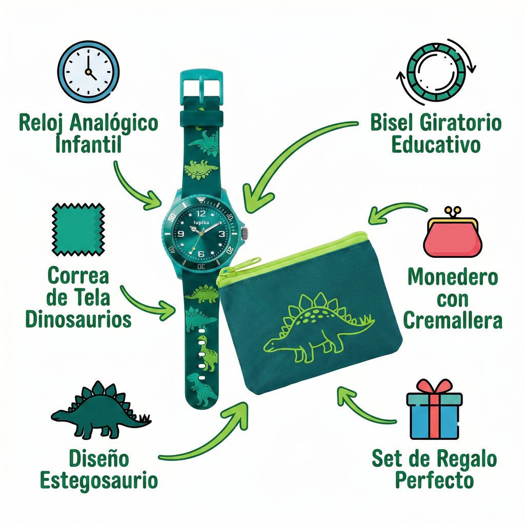 Set Reloj y Monedero Lupilu Niño Dinosaurio — Verde/Azul con Estegosaurio