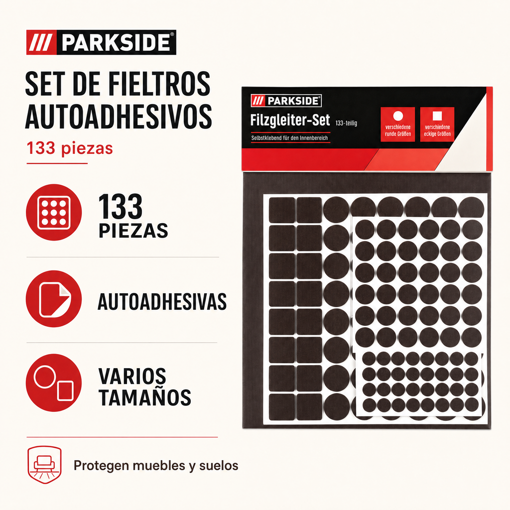 PARKSIDE Set de Protectores de Fieltro Autoadhesivos, 133 piezas