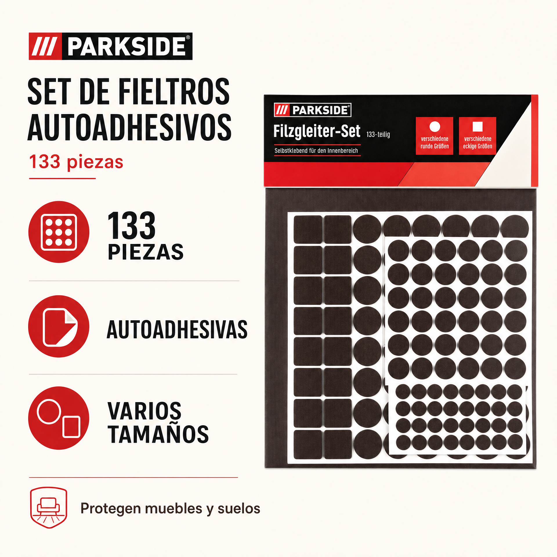 PARKSIDE Set de Protectores de Fieltro Autoadhesivos, 133 piezas