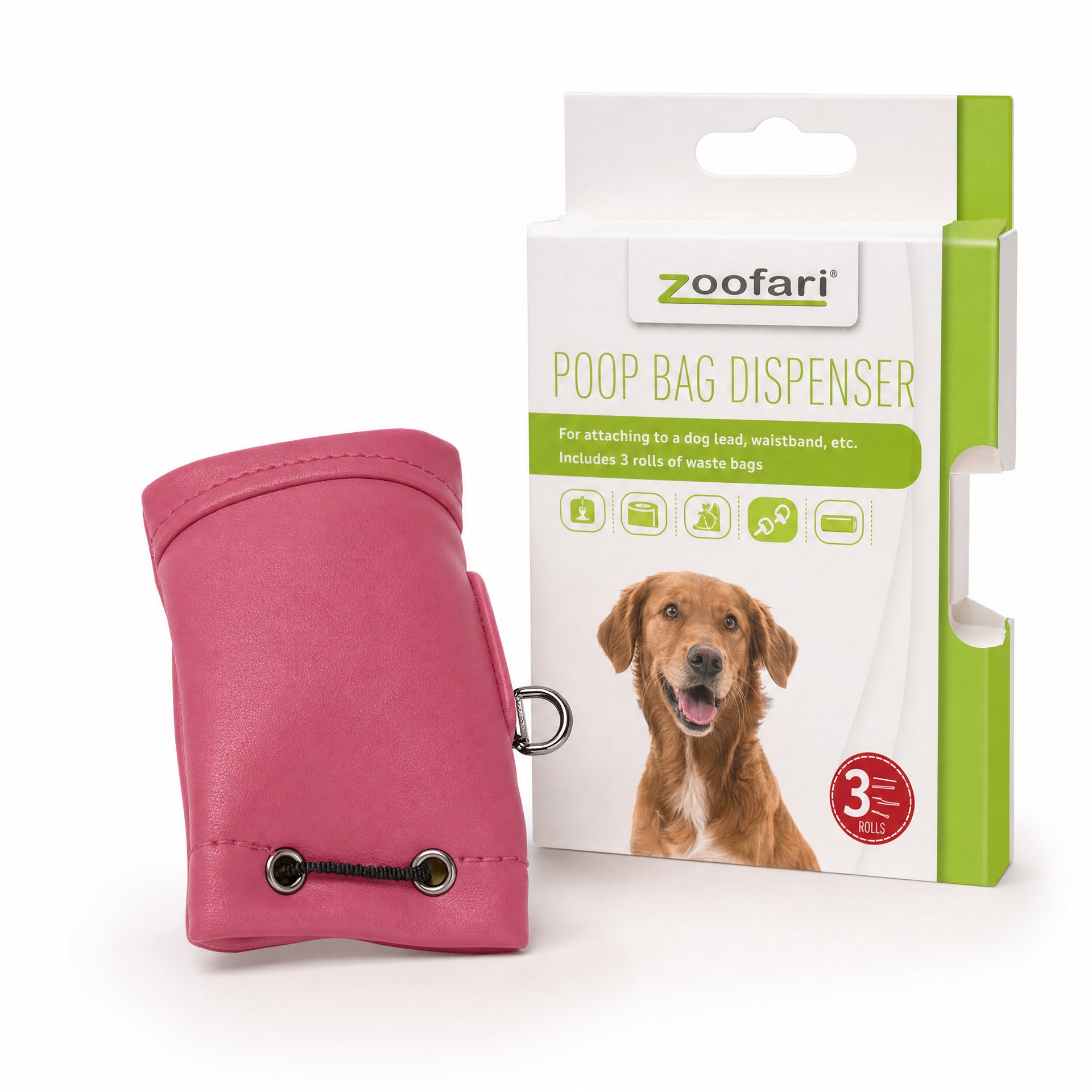 Zoofari dispensador de bolsas para excrementos rosa con cordón, clip metálico y 3 rollos