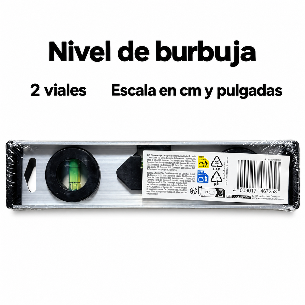 Características del nivel JES Collection: dos viales y escala en centímetros y pulgadas