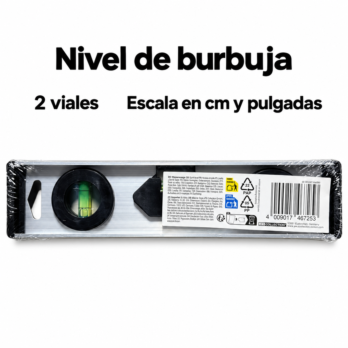 Características del nivel JES Collection: dos viales y escala en centímetros y pulgadas