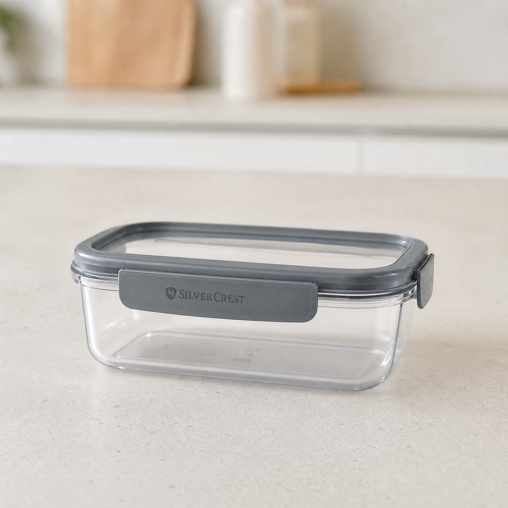 SilverCrest recipiente para alimentos rectangular con tapa gris y cuerpo transparente