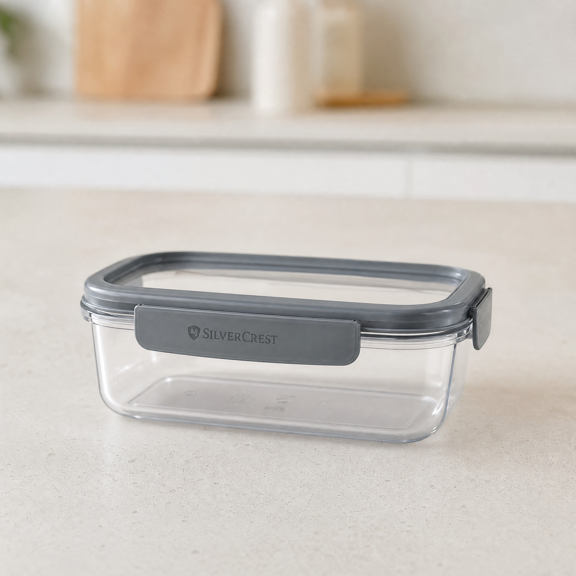 SilverCrest recipiente para alimentos rectangular con tapa gris y cuerpo transparente