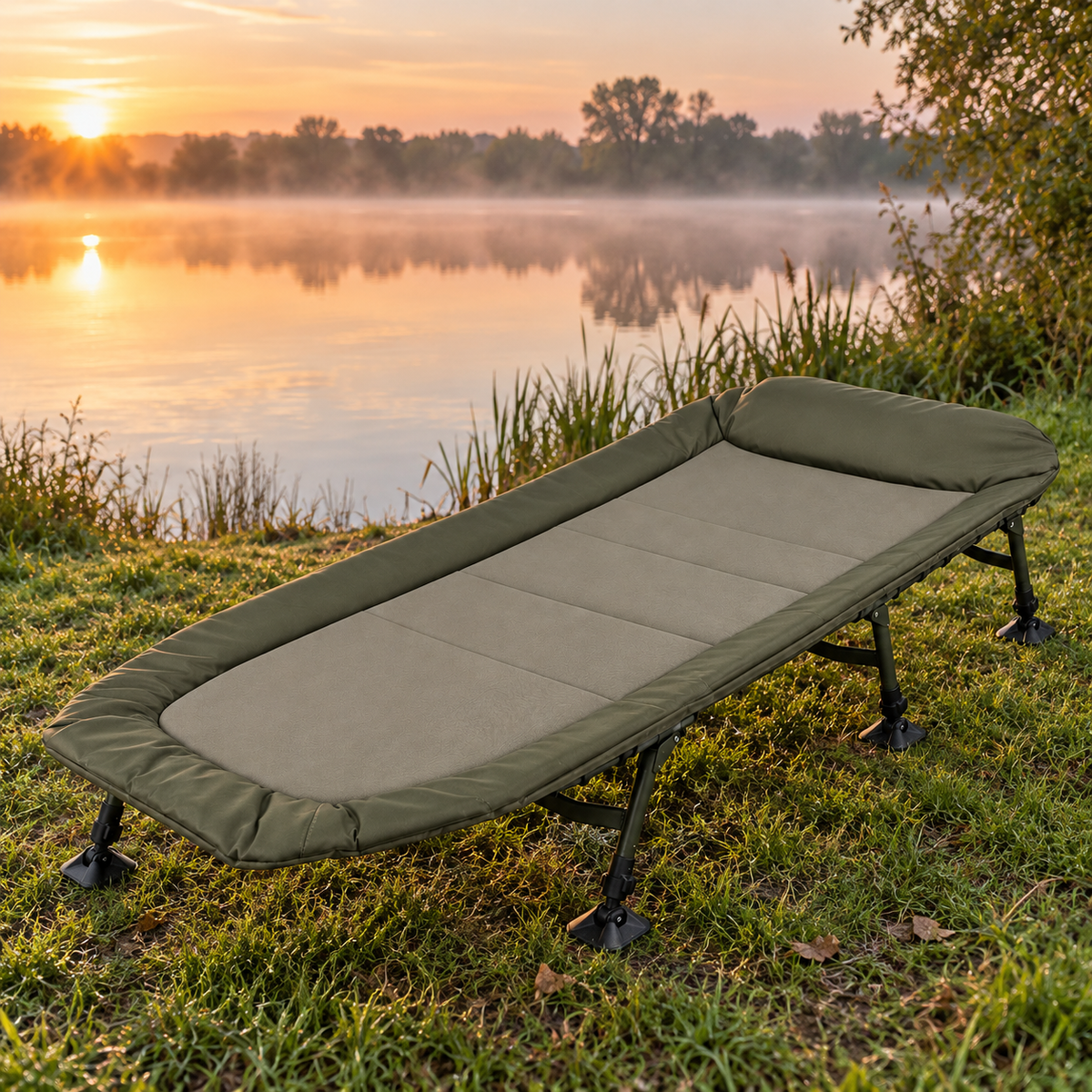 Cama JRC Defender II Flatbed junto al agua en una jornada de pesca