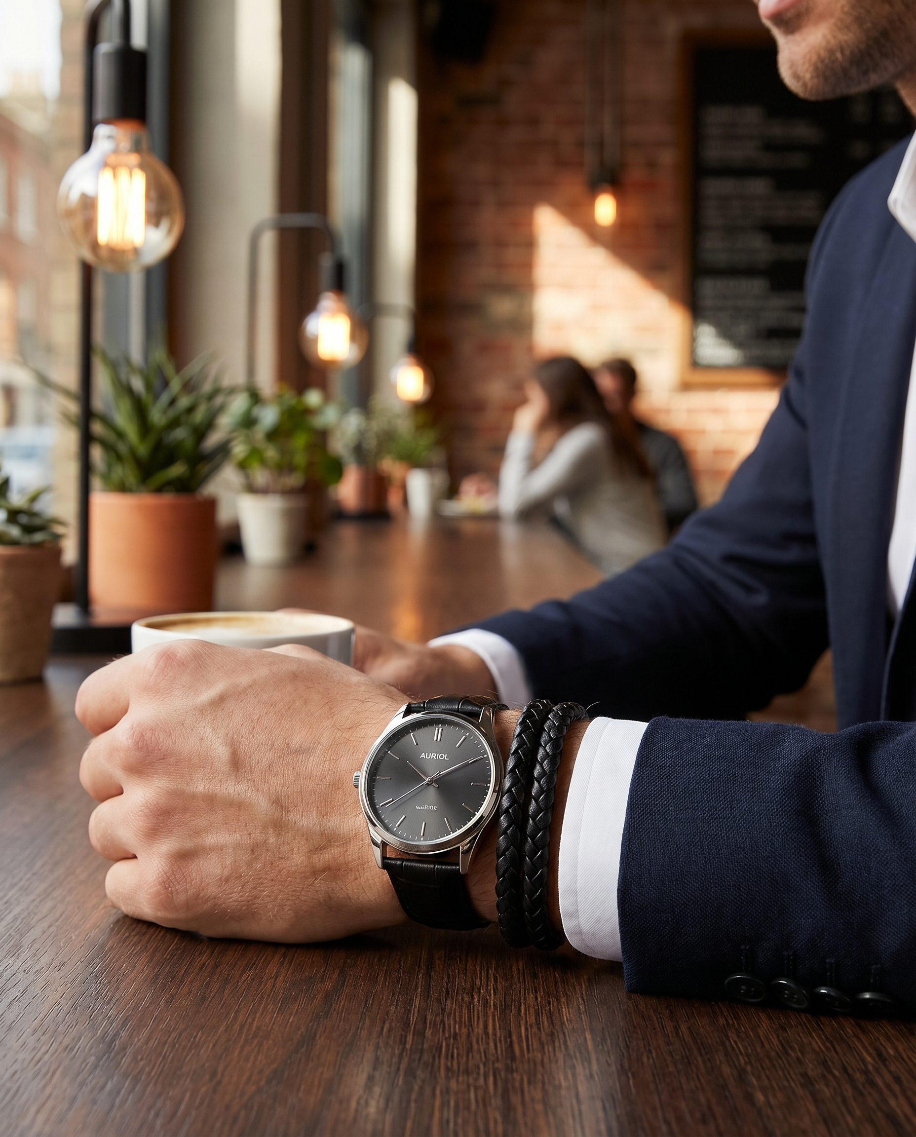 Set Reloj y Pulseras Auriol Hombre Negro — Cuero Trenzado + 3 Años Garantía
