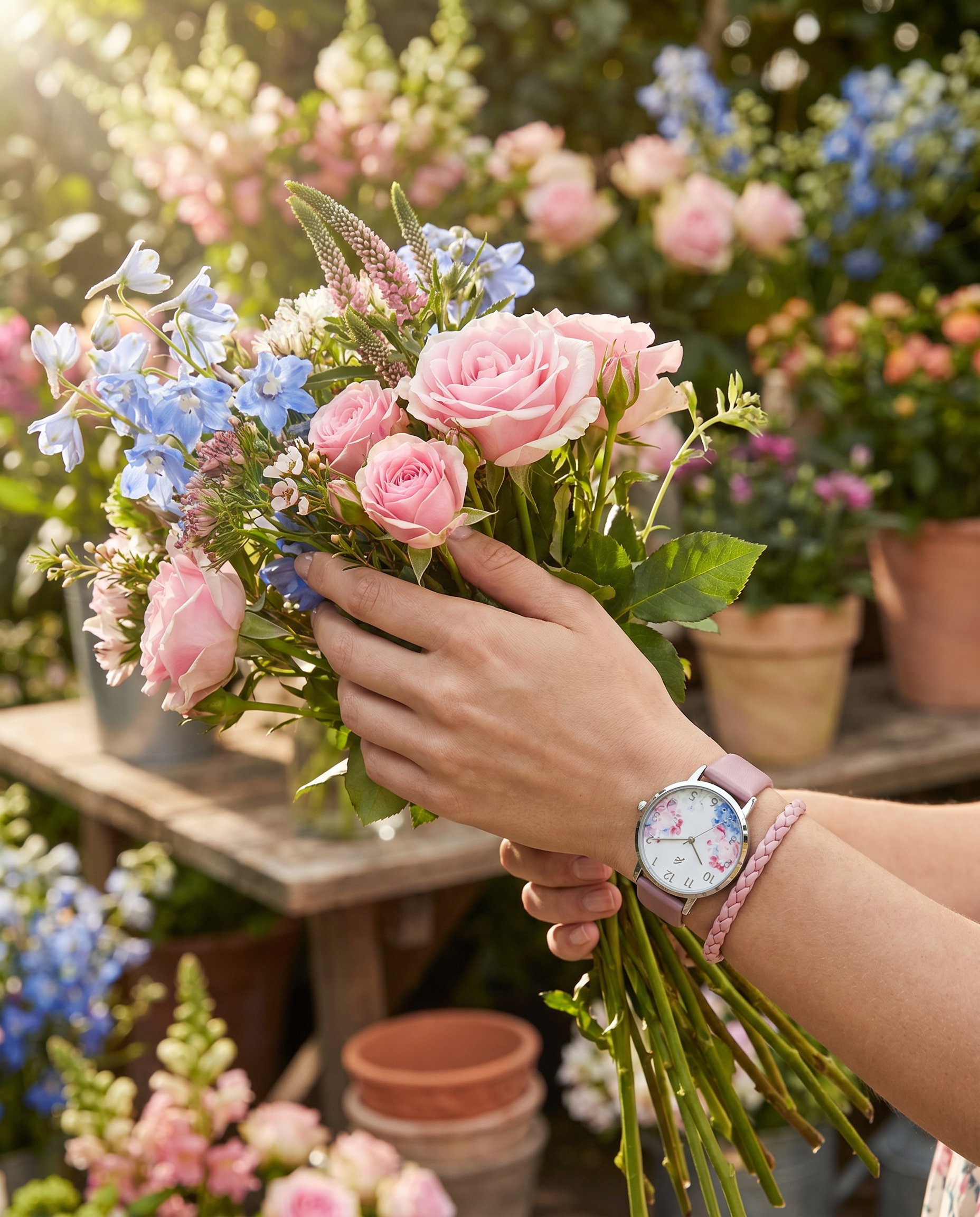 Set Reloj y Pulsera Auriol Mujer Flores Rosa — Esfera Floral + Pila Incluida