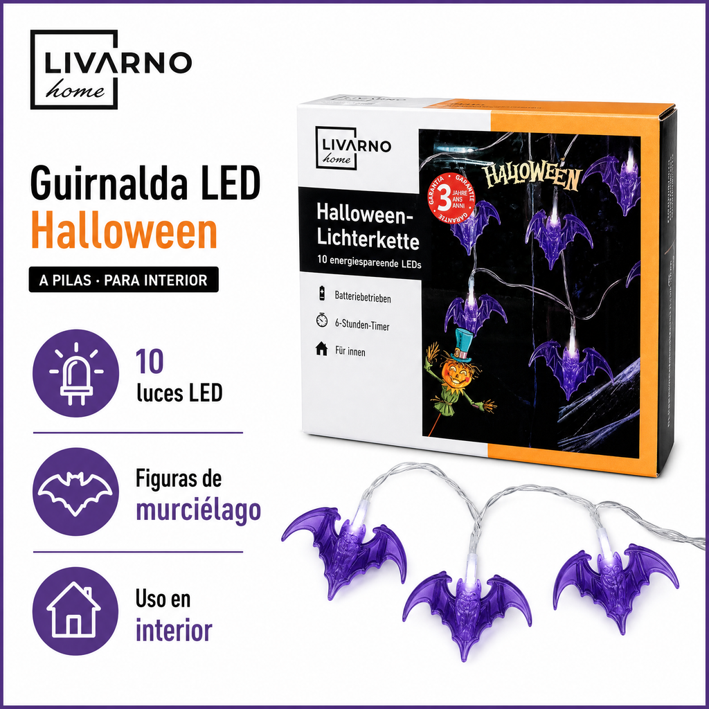 Livarno Home guirnalda LED de Halloween con murciélagos — 10 luces