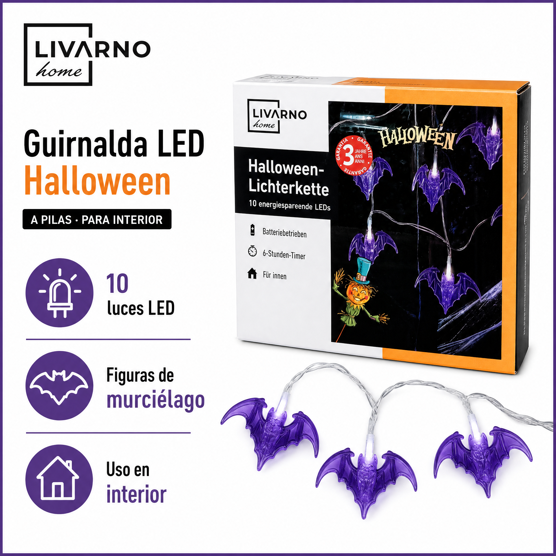 Livarno Home guirnalda LED de Halloween con murciélagos — 10 luces