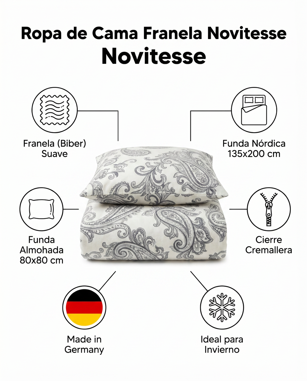 Ropa de Cama Franela Novitesse — Paisley Gris 135x200cm