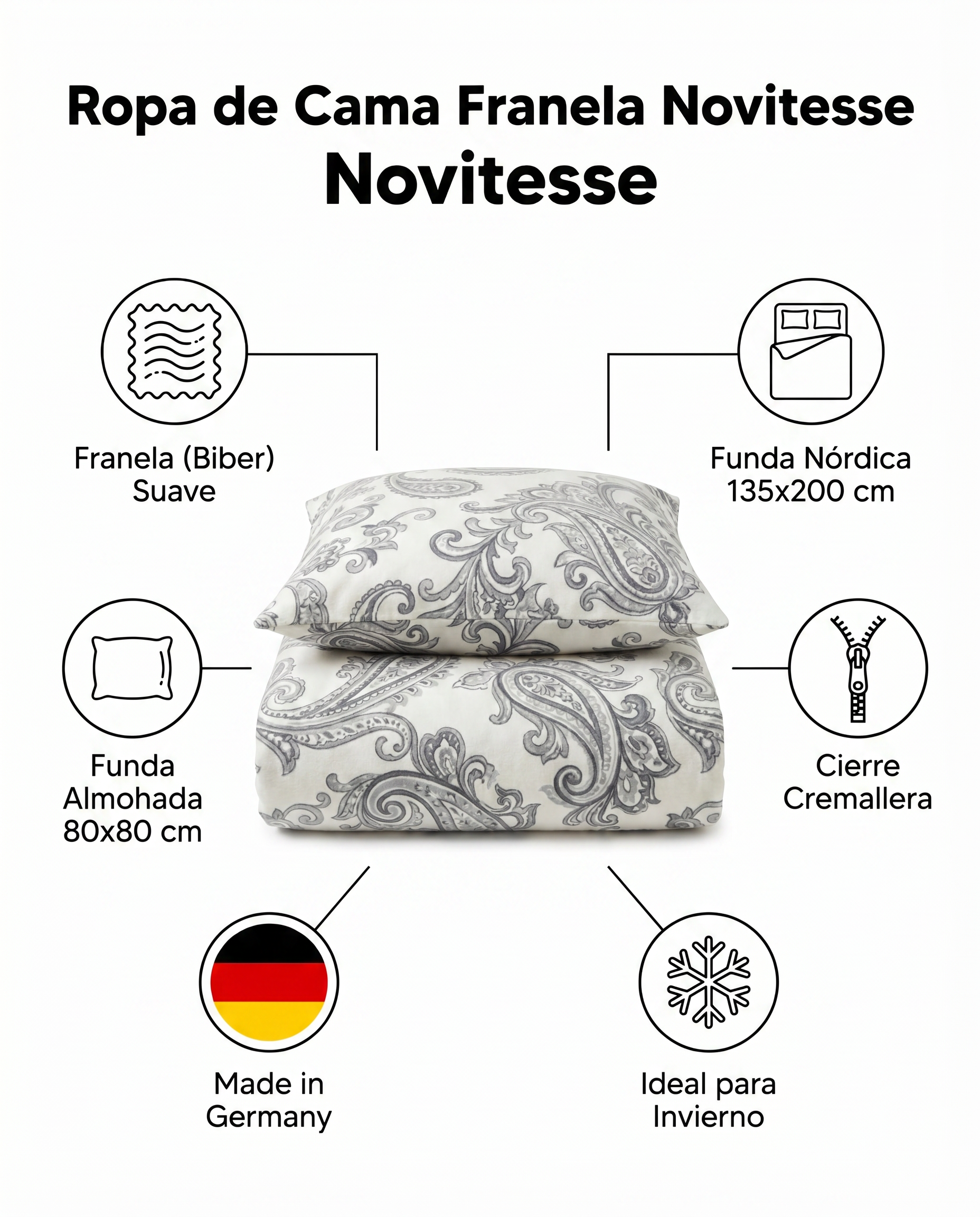 Ropa de Cama Franela Novitesse — Paisley Gris 135x200cm