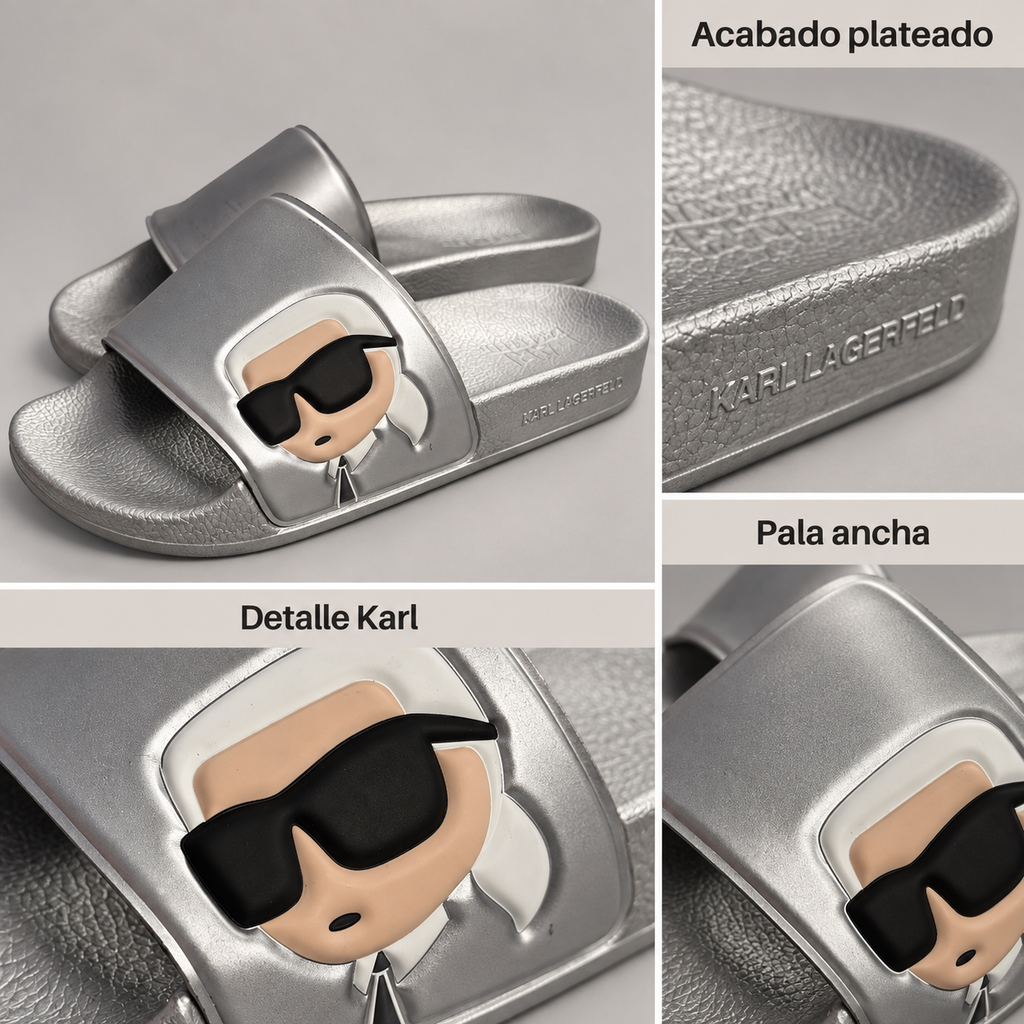Chanclas Karl Lagerfeld KL80905 plateadas con figura Karl y pala ancha