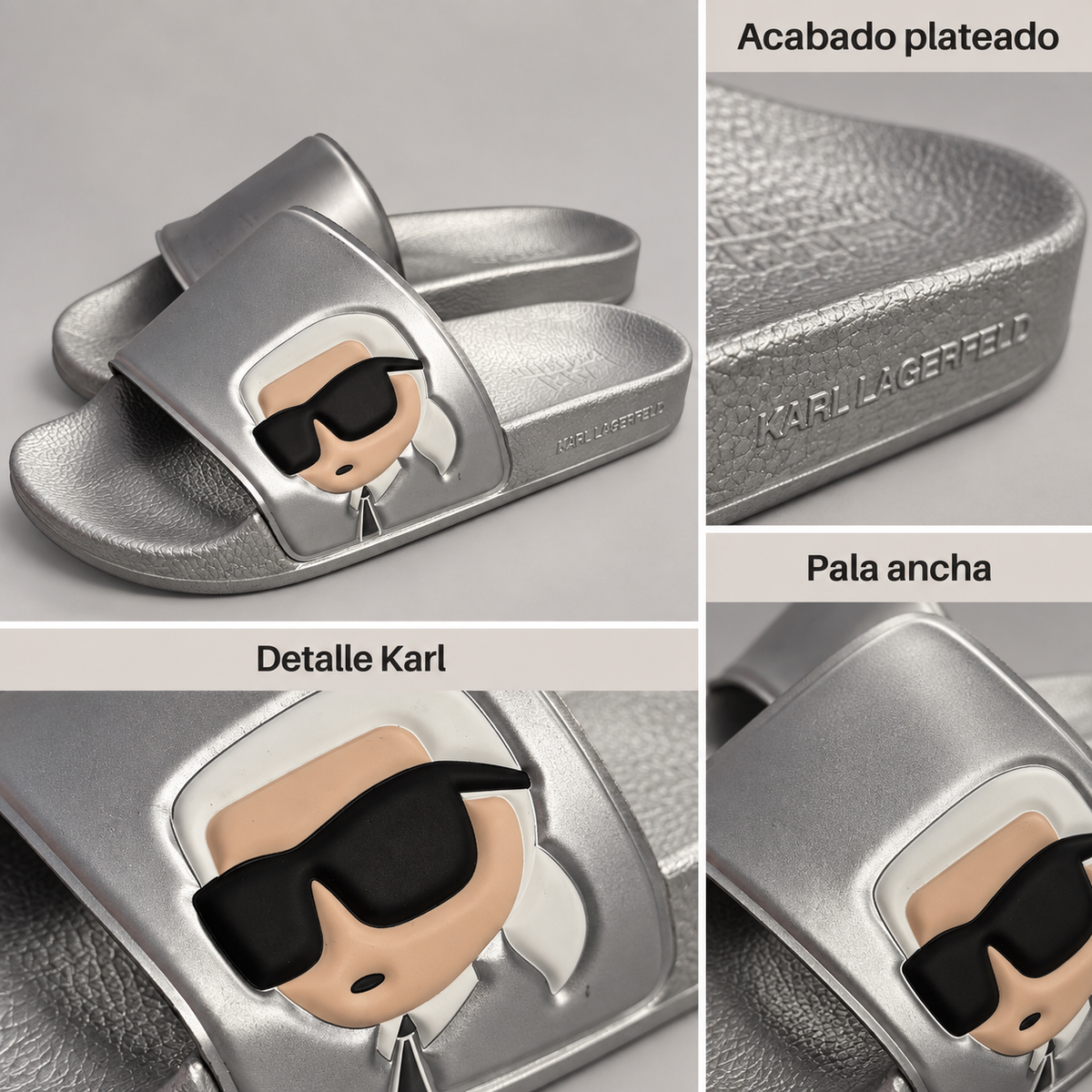 Chanclas Karl Lagerfeld KL80905 plateadas con figura Karl y pala ancha