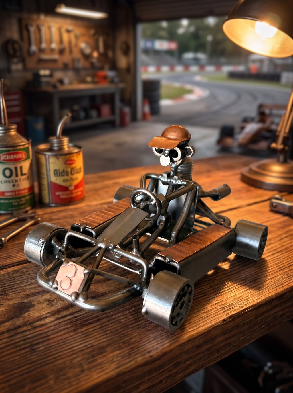 Figura Artesanal de Metal — Piloto de Kart Número 3