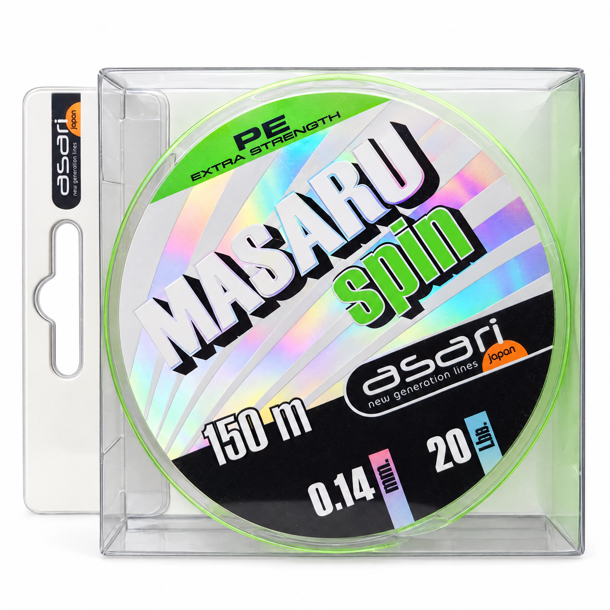 Asari Masaru Spin PE 0,14 mm, 150 m y 20 lb en su envase sobre fondo blanco