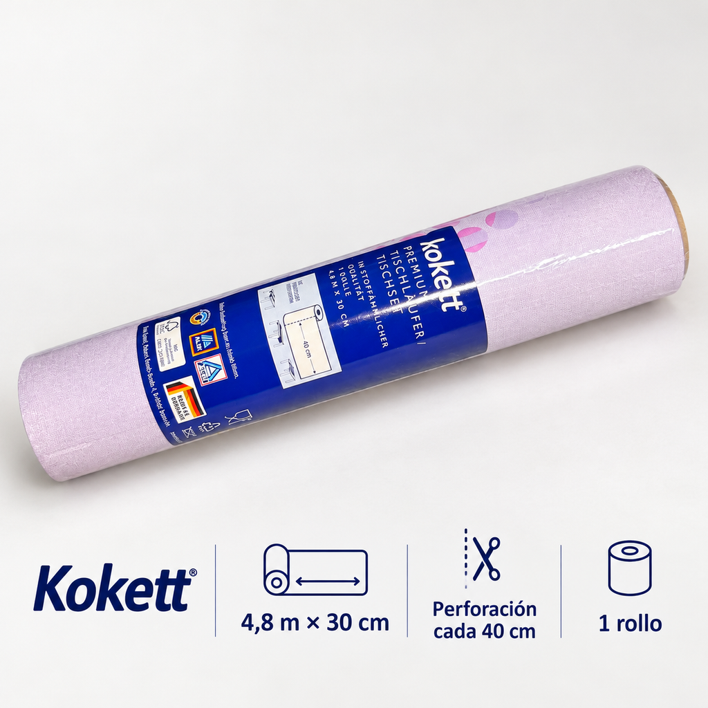 Kokett camino de mesa en rollo lila con motivos rosas de 4,8 m por 30 cm con perforación cada 40 cm