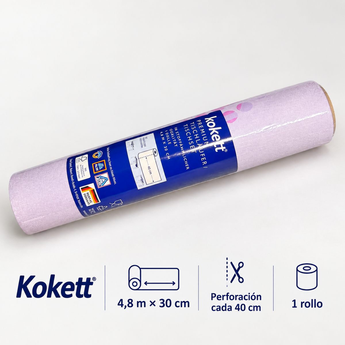 Kokett camino de mesa en rollo lila con motivos rosas de 4,8 m por 30 cm con perforación cada 40 cm