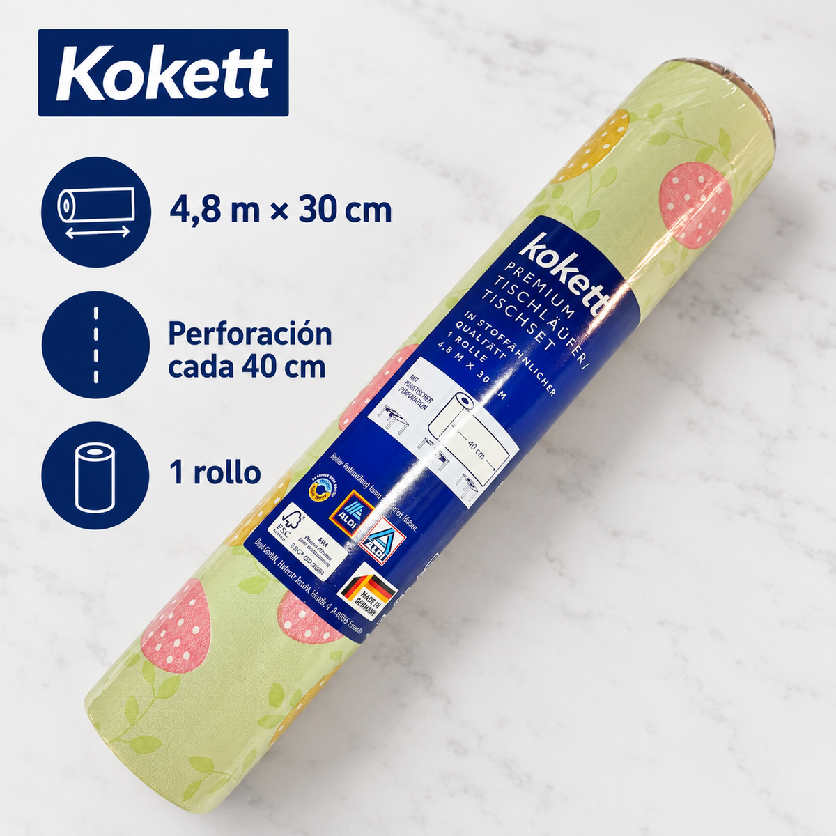 Kokett camino de mesa en rollo verde con motivos rosa y amarillo de 4,8 m por 30 cm con perforación cada 40 cm